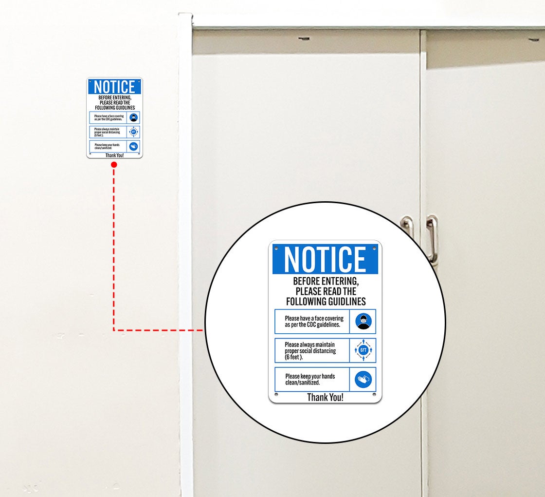 Entering Guidelines Face Covering Social Distancing Sanitize Aluminum Sign (Non Reflective)