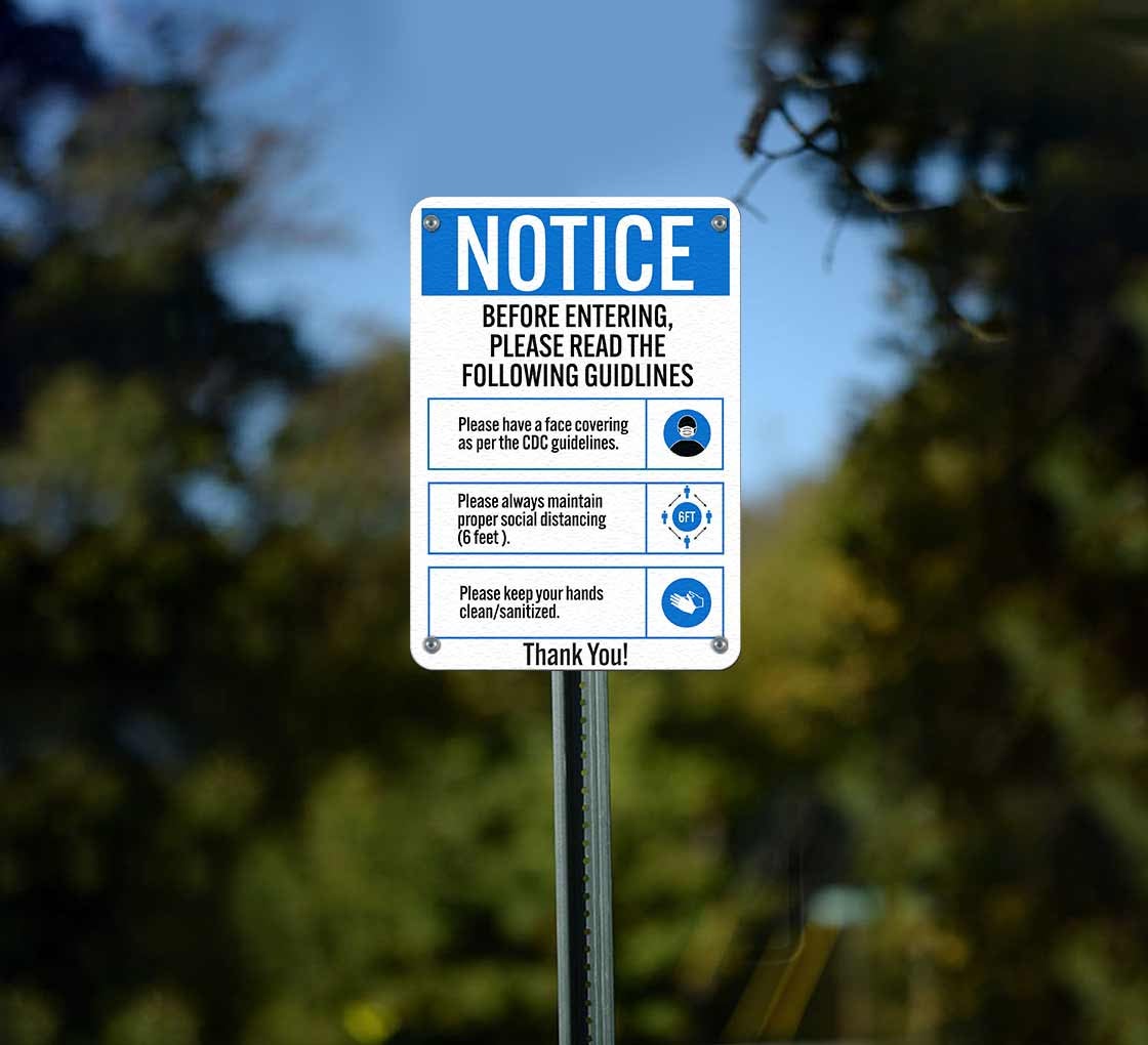 Entering Guidelines Face Covering Social Distancing Sanitize Aluminum Sign (Non Reflective)