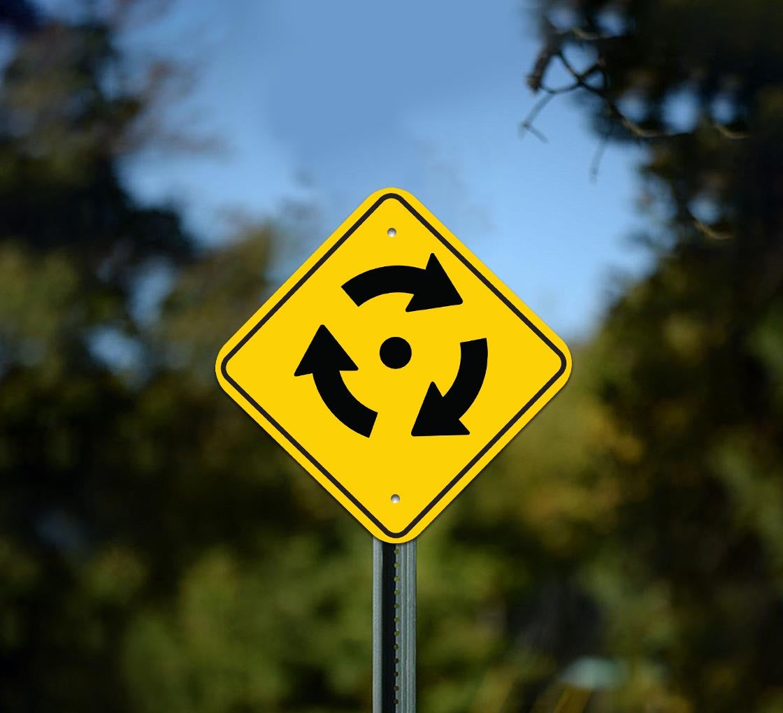 Roundabout Signs Example Yellow Roundabout Sign Roundabout Traffic Yellow Sign In Clockwise