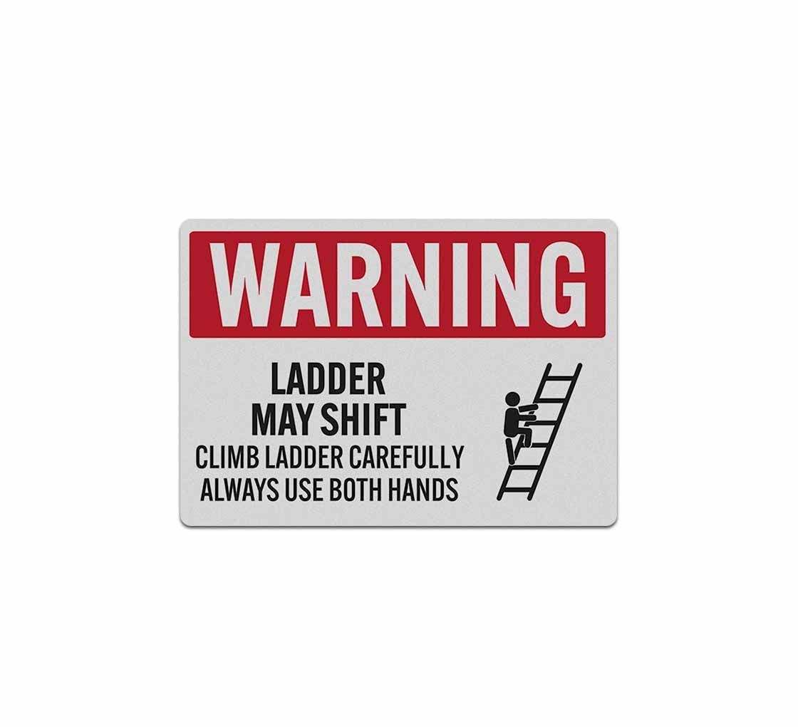 Ladder May Shift Climb Carefully Use Both Hands Decal (Reflective), image size:1120x1020