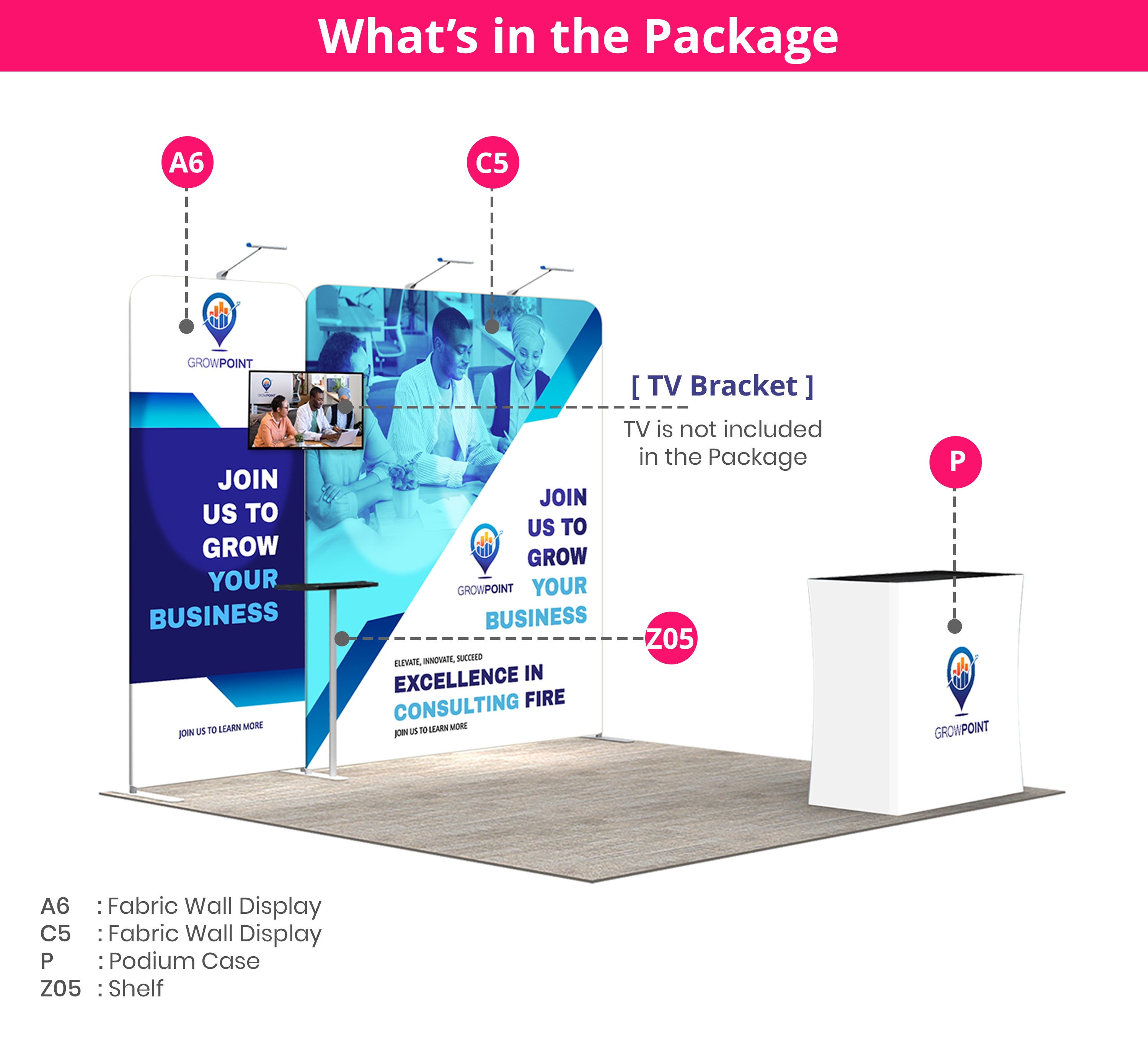 10ft Inline Trade Show Booth – Modular Display with LED Lights, Monitor Mount & Counter