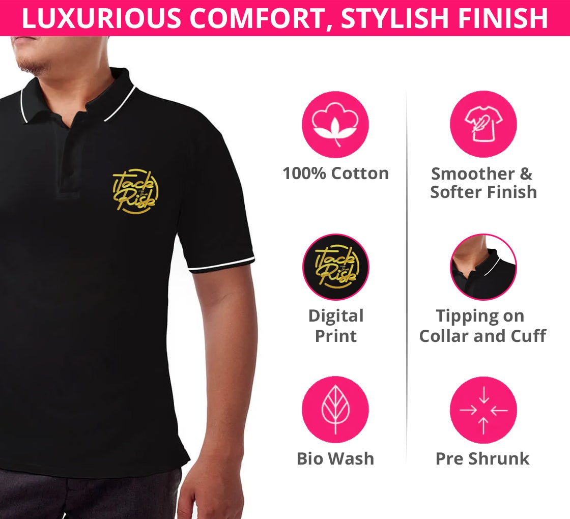 Men's Black Cotton Polo Shirt- Printed