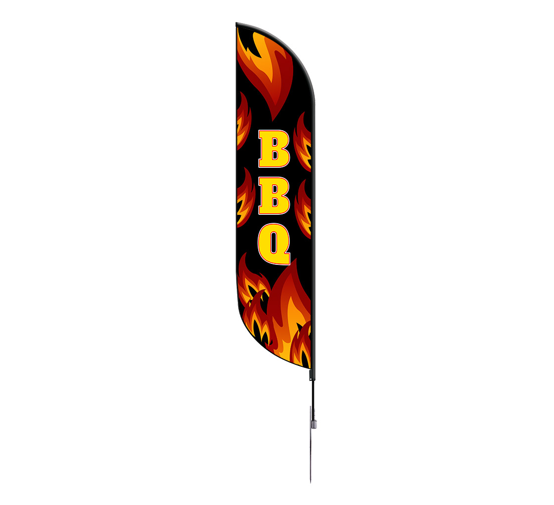 Twin Pack Full Sleeve Swooper Flags BBQ Black w Yellow Text & Red Flames 