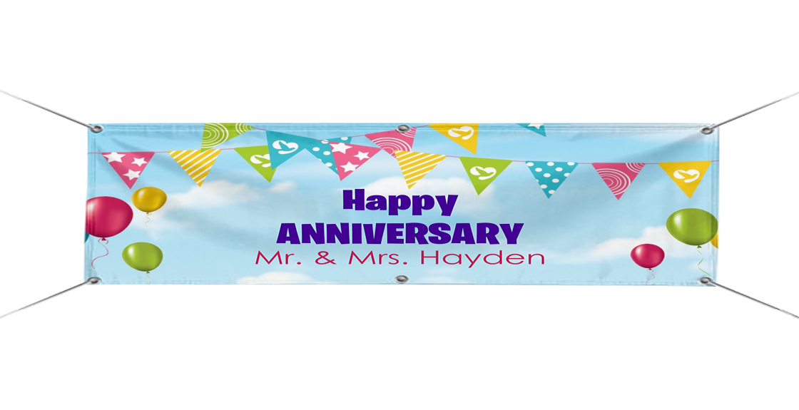 VP5578 36 x 72 Happy Anniversary Banner Sign Personalized 13 oz Heavy Duty Custom Happy Anniversary Vinyl Banner with Metal Grommets 