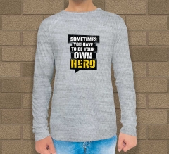 Custom Grey Printed Long Sleeves T-Shirt - Crew Neck