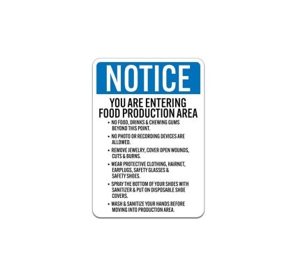 OSHA Entering Food Production Area Sign Aluminum Sign (Non Reflective)