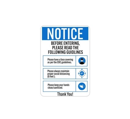 Entering Guidelines Face Covering Social Distancing Sanitize Plastic Sign