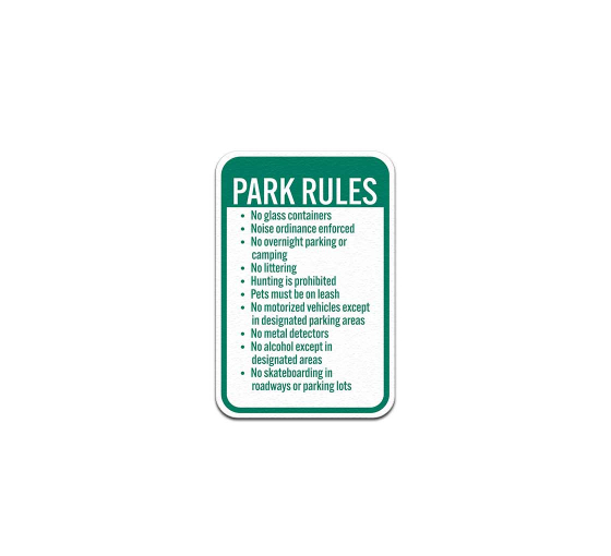 Park Rules No Glass Containers Aluminum Sign (Non Reflective)