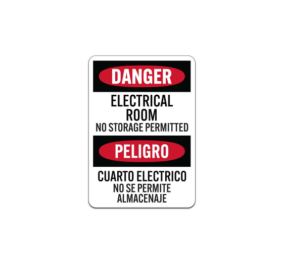 Bilingual OSHA Electrical Room No Storage Permitted Aluminum Sign (Non Reflective)
