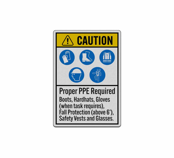Proper PPE Required ANSI Caution Decal (Reflective)