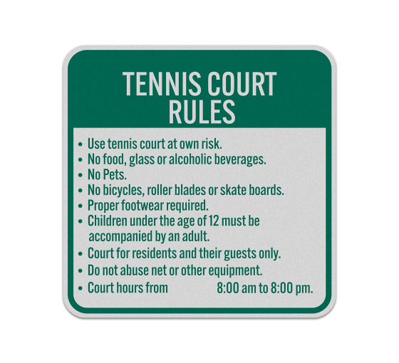 Tennis Court Rules Aluminum Sign (Reflective)