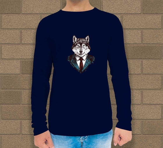 Blue Cotton Printed Long Sleeves T-Shirt - Crew Neck