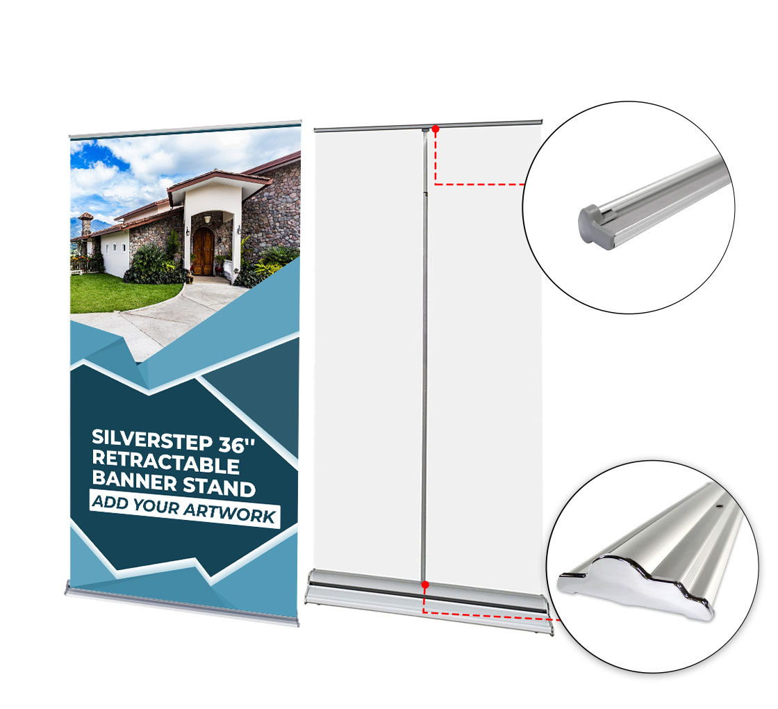 Details about   Silver Step 36" Retractable Banner Stand 36" wide With Case Silver Pull Up 
