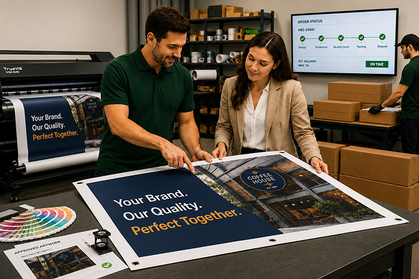 Team reviewing a large printed brand banner in production