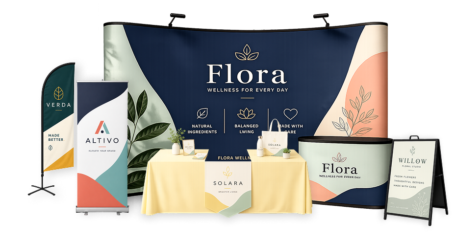 Custom trade show displays, banners, table covers, and A-frame signs