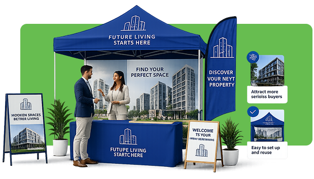 Team setting up a grand opening A-frame sign outdoors